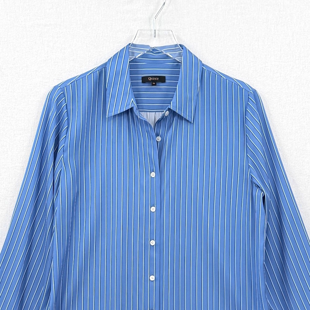 QUINCE Washable Stretch Silk Blouse Women Medium Blue Striped Lapis Horizon - Picture 7 of 16